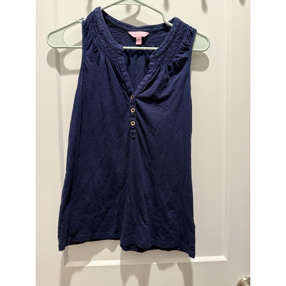 Lilly Pulitzer Women's Shirt XS Navy Henley Cotton Button Blouse Blue Tank